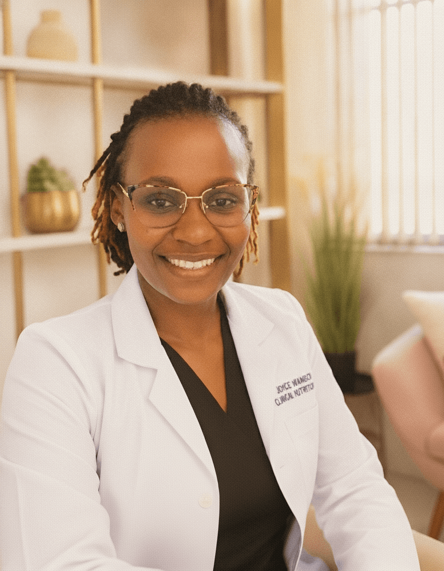 Joyce Wamboi in clinical lab coat